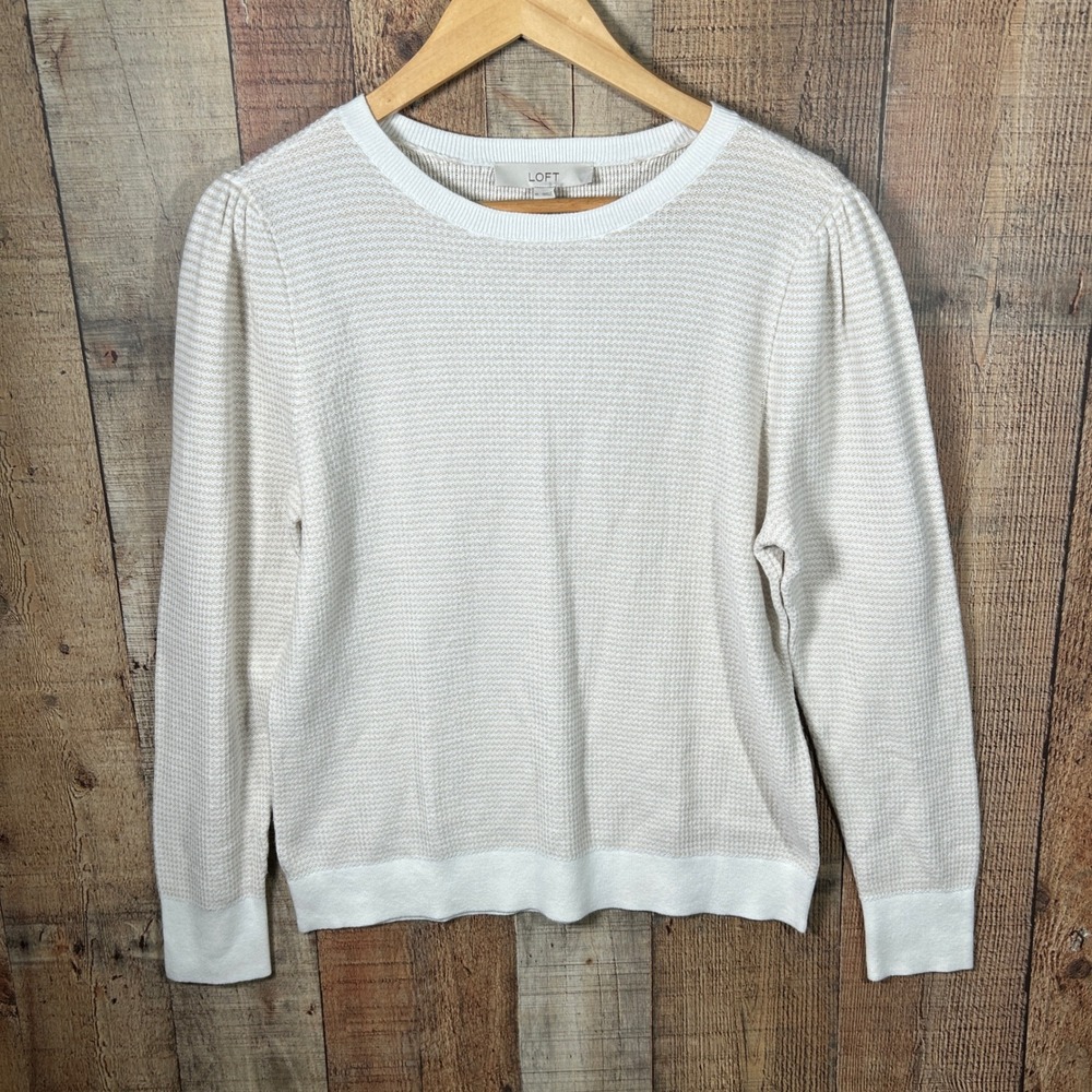 LOFT Cream Beige 100% Cotton Striped Puff Sleeve Textured Knit Sweater XL New